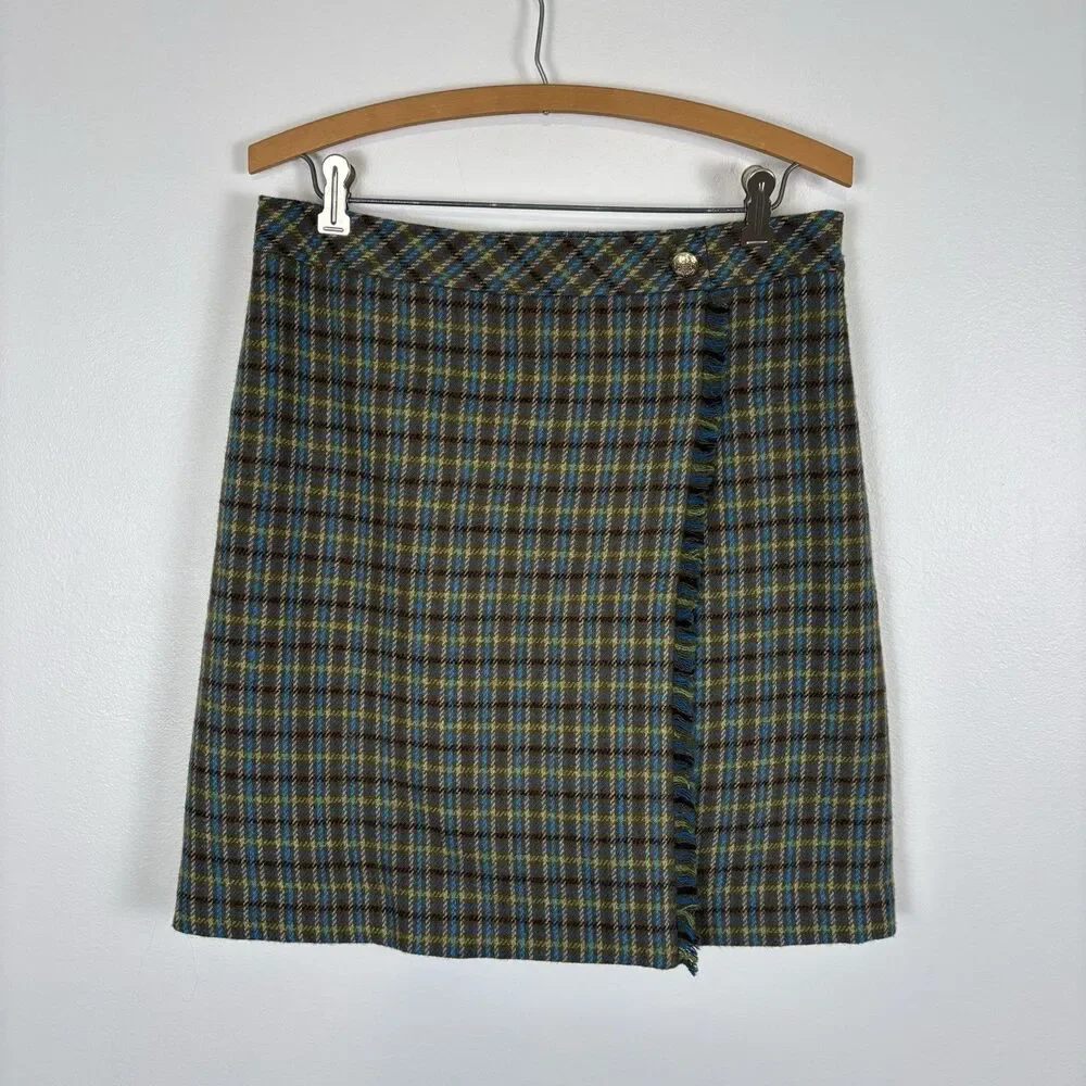 Talbots Womens 4 Fringe Trim Wool Blend Faux Wrap Skirt Green Plaid - Picture 2 of 8